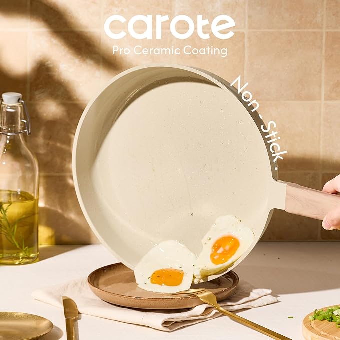 CAROTE 10 Inch Ceramic Nonstick Frying Pan with Glass Lid | Kitchen Non-Toxic PTFE & PFOA Free Skillet, Compatible with Induction, Gas Cooktops, Easy to Clean
