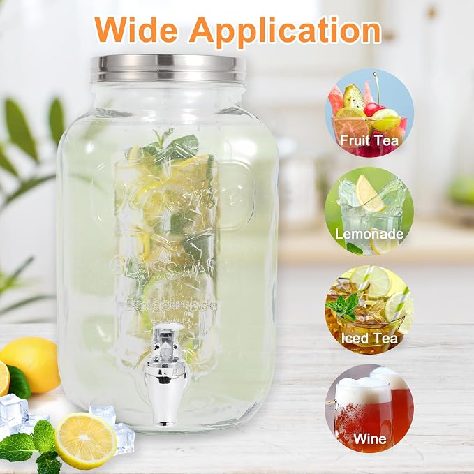Drink Dispenser With Spigot,1 Gallon Glass Drink Dispensers For Parties,Beverage Dispenser with Fruit Infuser Sun Tea,Lemonade & Juice Dispenser for Parties, BBQ,Picnic,Weddings & Events