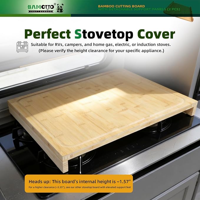 BAMOTTO CRAFTBAMBOO 18.1x21.3 Inch Large Bamboo Cutting Board | 2 Detachable Support Panels | Reversible Juice Grooves | Stovetop & Dishwasher Cover | Over Sink | Tray and Carving Board