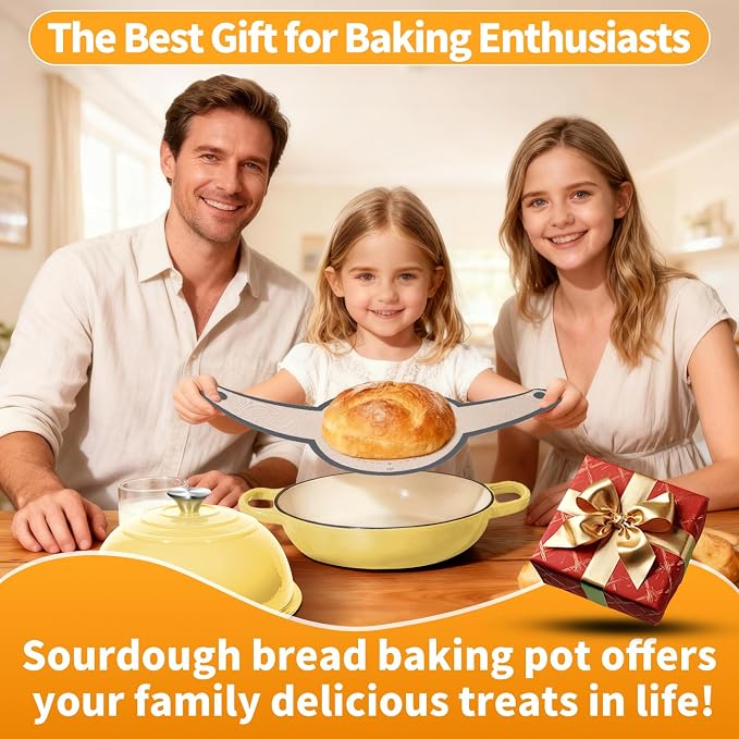 6QT Enameled Cast Iron Yellow Dutch Oven For Sourdough Bread Baking | Dutch Oven Pot With Lid,Non-stick Sourdough Baking Pan with Bread Dome,Round Ceramic Dutch Oven Pot for Homemade