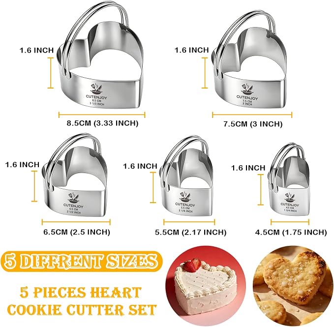 Heart Cookie Cutters, 5 Piece Biscuit Cutters with Handle | Professional Stainless Steel Baking Essential Tools for Valentine's Day, Sandwiches and Heart-Shaped Cookies