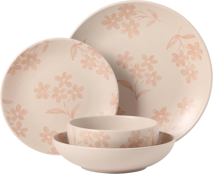 Gibson Home Admiral Hall Plates and Bowls Set, 16-Piece Floral Dinnerware Set, Pink Stoneware Dish Set, Dinner Plates, Salad Plates, Pasta Bowls & Cereal Bowls