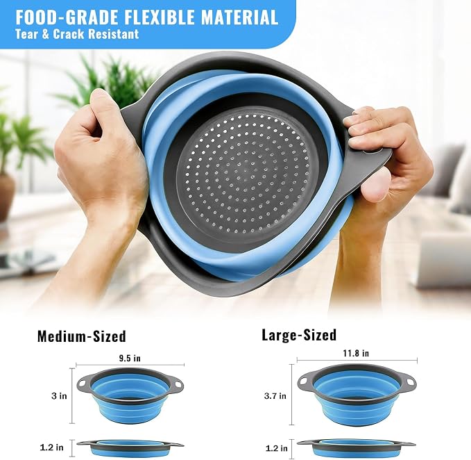 2 Pack Collapsible Silicone Colander with Handle, Over Sink Foldable Food Strainer, BPA-Free Space Saving Drain Basket for Vegetables, Fruits, Pasta, Kitchen & Camping (Blue)
