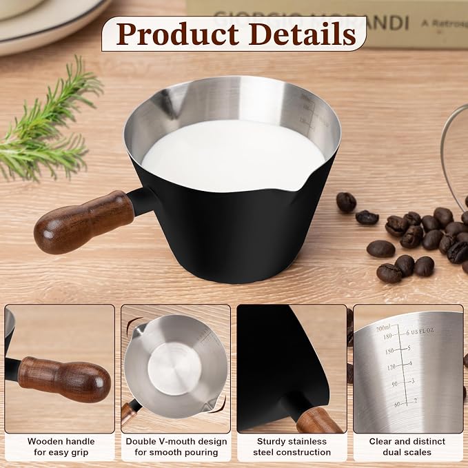 Amrules 6.8oz Espresso Measuring Cup with Wood Handle & Double Spout, Black | 18/8 Stainless Steel & Wood Handle, V-Shaped Spout for Precision Pouring, Clear Scale Markings, for Coffee, Milk, Tea & Syrup