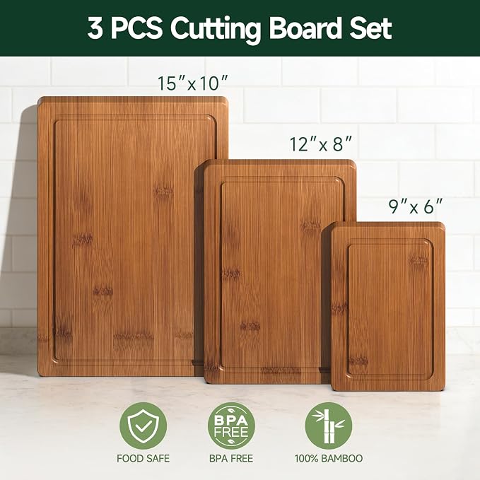 3-Piece Set Deep-Carbonized Bamboo Cutting Board for Kitchen, Carbonized | Crack-Resistant Wood Chopping Boards with Deep Juice Grooves, Pre-Oiled Butcher Block for Meat, Vegetables & Cheese