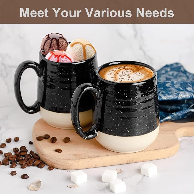 HASENSE Coffee Mugs Set of 4, 15 Ounce Ceramic Coffee Cups with Handles, Porcelain Large Latte Mug for Coffee Cappuccino Tea, Black Mugs for Men, Women Christmas Holiday Gift
