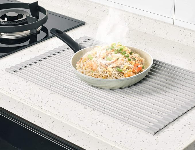 20.5 x 13.1 Inch Roll-Up Dish Drying Rack, Fits Across Sink Openings up to 19.5 Inches, Heavy-Duty Premium Silicone, Strong Support, Non-Slip, Heat-Resistant, Warm Gray