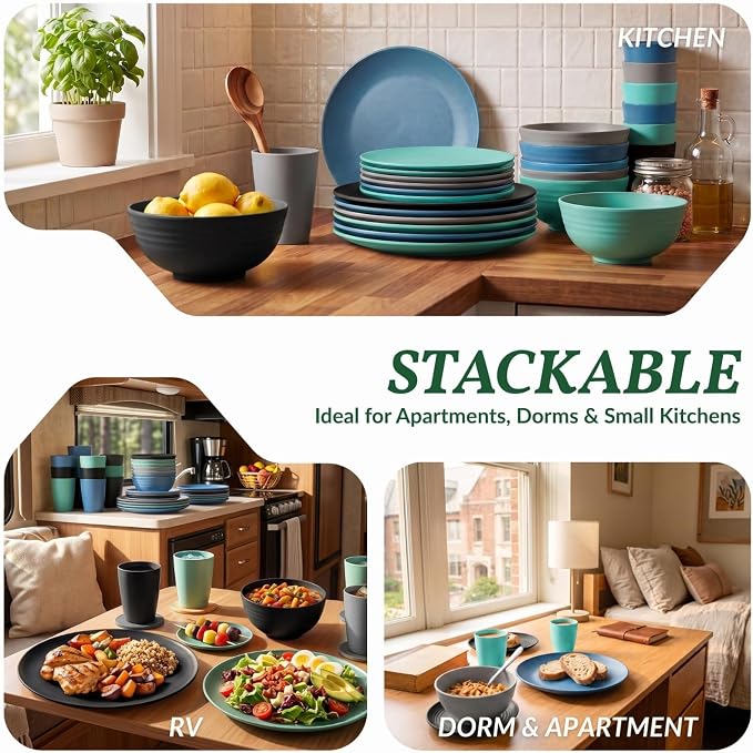 40 Piece Premium Wheat Straw Dinnerware Sets for 8 Unbreakable Plates and Bowls Sets Microwave and Dishwasher Safe Dinner Plates Set Camping, Apartment, Kids, Outdoor, RV, Party-Nightscape