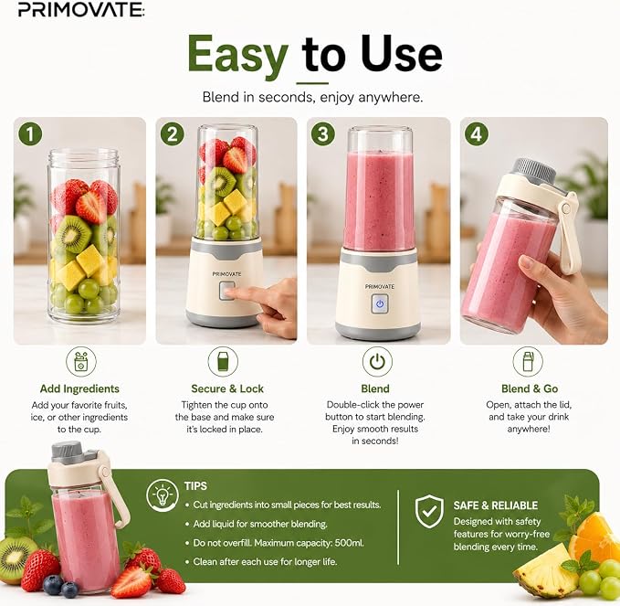 Portable Blender 2026 Model, 450ML, 18-Blade Powerful Smoothie Maker, USB Type-C Rechargeable, Ice Crushing Personal, 1500mAh Battery, 60W Motor, Travel Blender with Extra Jar & Lid