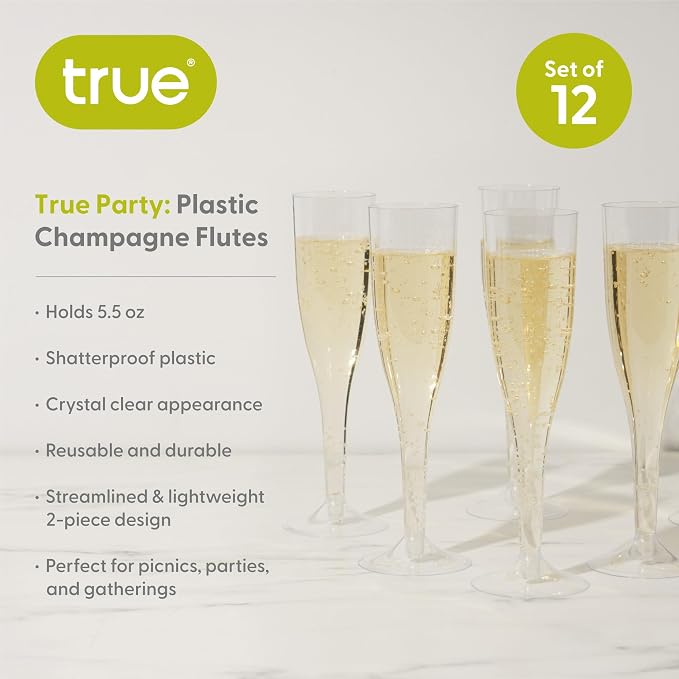 True Party Clear Plastic Champagne Flutes, Toasting Glass for Birthday, Wedding, Engagement, Reusable and Shatterproof Drinking Glasses for Holiday, Picnic, Dinner, Outdoor, Home Bar, 5.5 oz Set of 12