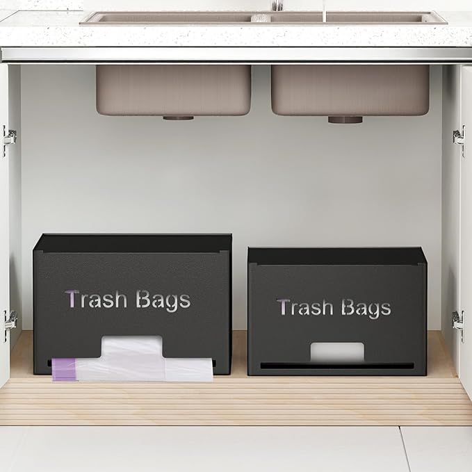 STWWO 2-Pack Trash Bag Holder Dispenser, Stackable Garbage Bag Dispenser | Extra Large Trash Organizer for Kitchen Laundry Under Sink, Wall Mounted or Freestanding, Metal Black