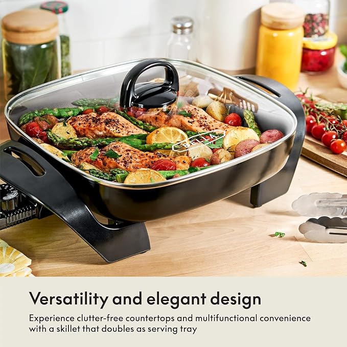 bella Electric Skillet and Frying Pan with Glass Lid, Nonstick Coating, Cool Touch Handles, Removable Heating Probe, Dishwasher Safe, 12 x 12 inch, Copper