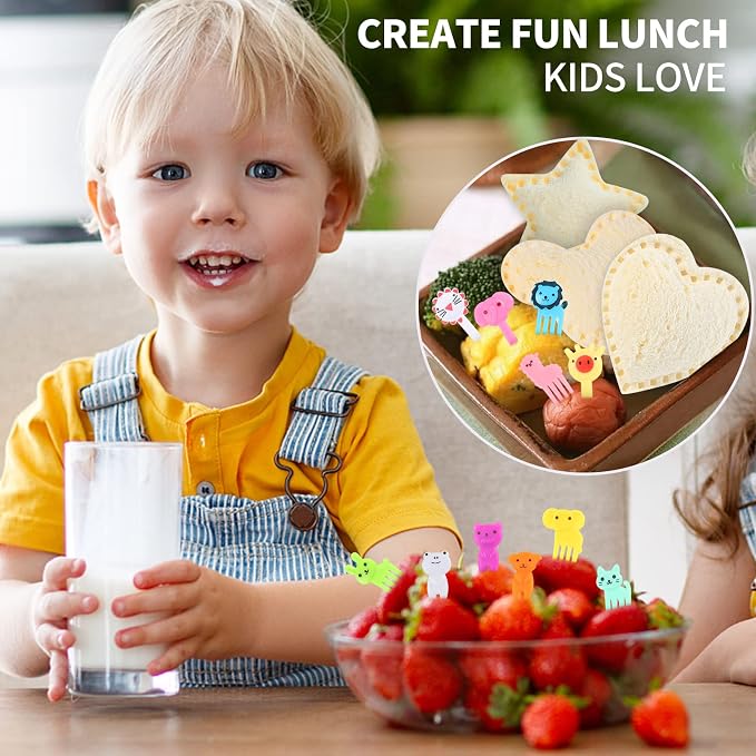 BakingWorld Sandwich Cutter and Sealer Set,14 Pcs Sandwich Maker Bread Cutters DIY Cookie Cutters Fruit Vegetable Cutter Shapes for Kids Boys & Girls Bento Lunch Box with 16 pcs Animal Food Picks