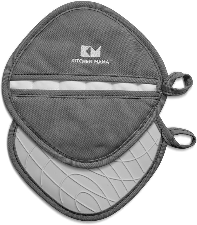 Kitchen Mama Silicone Pot Holders, Metal Gray | Heat Resistant, Non-Slip Surface, Dual Pocket Design, Soft Cotton Lining