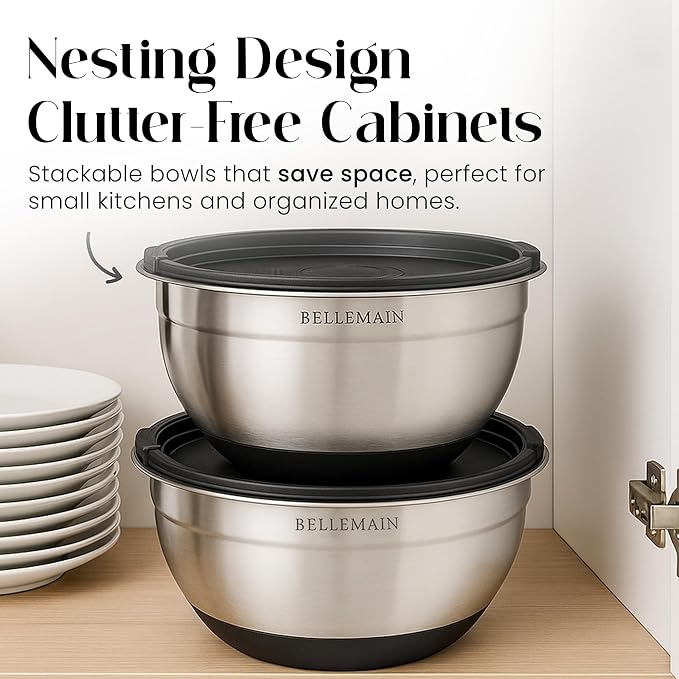 Bellemain Stainless Steel Mixing Bowls with Airtight Lids Set - Set of 3 | Non-slip Silicon Base, Kitchen Essentials for Baking & Serving (Mix, Serve, and Store), Rust resistant, Dishwasher Safe