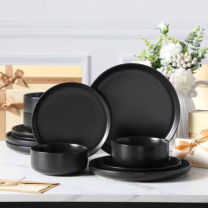 MALACASA 12 Pcs Porcelain Plates and Bowls Sets,Dinnerware Set for 4,Black | Modern Ceramic Dishware Set,Kitchen Dining Ware,Microwave and Dishwasher Safe,Simple Matt Black Design,Series LUNA