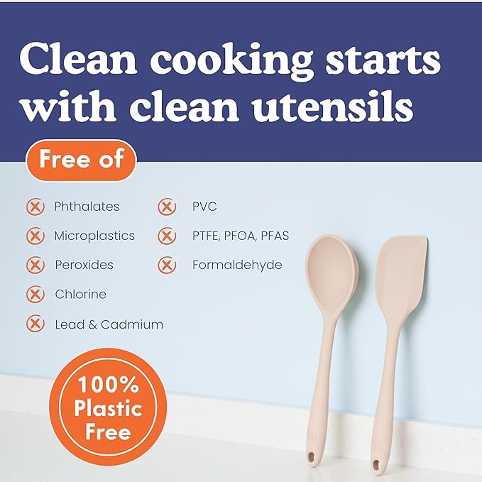 NonToxic Platinum Silicone Utensils, 100% Plastic-Free, 2-Pcs, Beige | LFGB-certified platinum silicone. Solid steel core, no hidden plastics. 500°F heat resistant. Non-scratch. Dishwasher safe