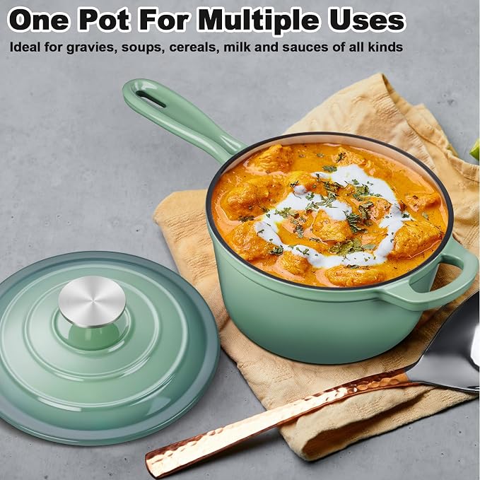 Leonyo 1 Quart Cast Iron Saucepan, Small Dutch Oven Pan, Pistachio Green | For All Kitchen Cooktops Cooking Pasta, Soup, Egg, Up to 500°F & 4.4Lbs
