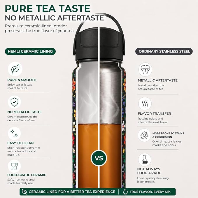 22 oz Ceramic Lined Tea Infuser Travel Tumbler, Micro-Mesh Stainless Steel Infuser, Pure Taste Ceramic Interior, Triple Insulated 12hr Hot Cold, Dual Sip & Straw Lid, Scratch-Resistant