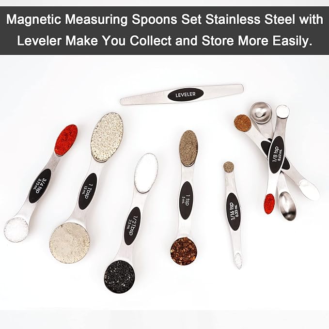 Aovchei 9 PCS Black Magnetic Measuring Spoons Set | Dual Sided, Stainless Steel Small Tablespoon, Teaspoons, Fits in Spice Jars, for Dry and Liquid