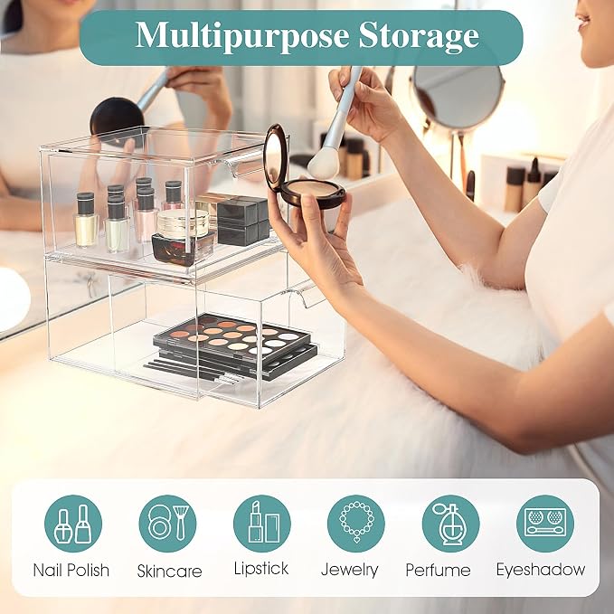2 Pack Stackable Acrylic Makeup Organizer, Clear Storage Drawers | Clear Plastic Drawer Organizers with Handles for Vanity, Bathroom, Bedroom, Cosmetics, Jewelry and Home Storage