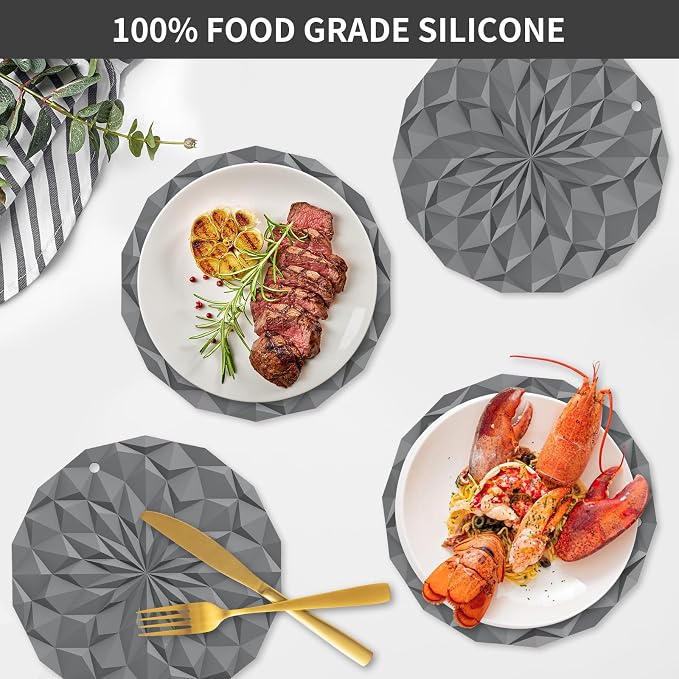 ME.FAN Silicone Trivet Mats - 4 Pack Pot Holders - 7.4'' Thickened Hot Pads for Hot pots, Pans and Dishes, Heat Resistant Silicone Trivet for Table and Counter Top Deep Grey
