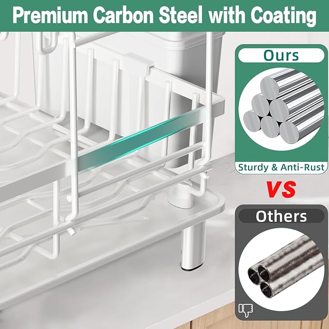 Large 2 Tier Detachable Dish Drying Rack for Kitchen Counter,White | Compact Dish Drainer, Rust-Resistant Dish Rack with Drainboard, Utensil Holder, Cup Holder for Small Space,Kitchen Organizer