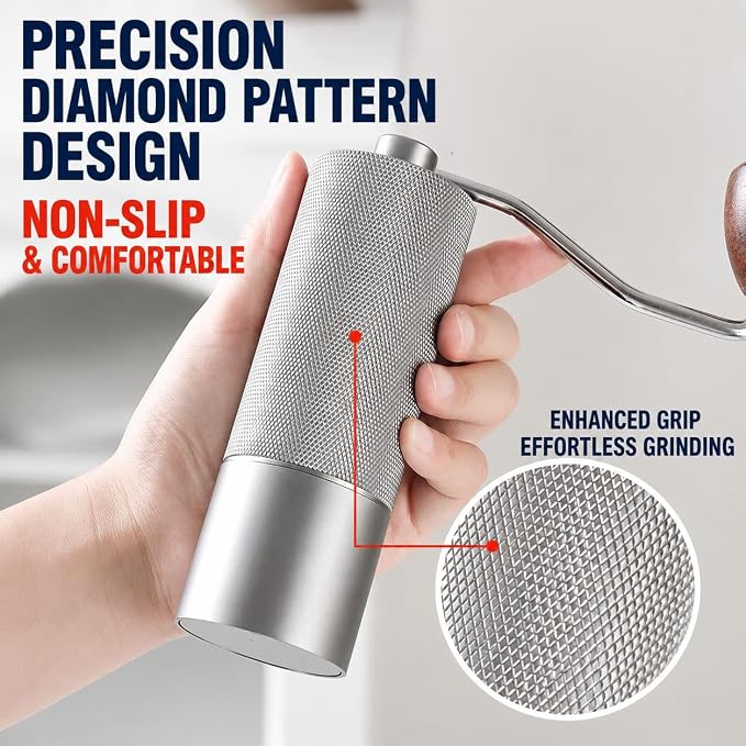 Manual Coffee Grinder - Stainless Steel Burrs, Adjustable Grind Settings, Portable Hand Crank for Espresso, Drip, French Press - Compact, Durable, Ideal for Home & Travel (Silver)