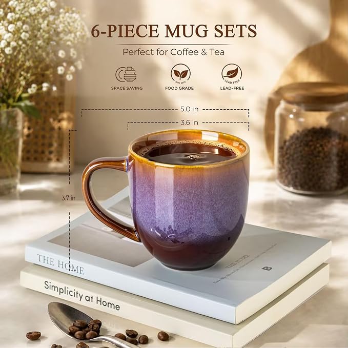 theterra Ceramic Coffee Mugs Set of 6, 12 oz Coffee Cups with Handle | Handmade, Suitable for Latte, Tea, Milk, Beer & Hot Cocoa, Amber Amethyst