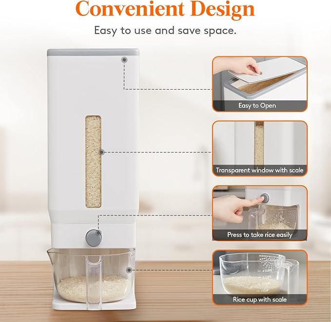 Lifewit Rice Dispenser 25 Lbs, Airtight Storage with Measuring Cup, White | BPA-Free 11.3kg Capacity Storage Container for Beans, Corn & Other Small Grains, One-Press Dispensing Bin for Kitchen Pantry