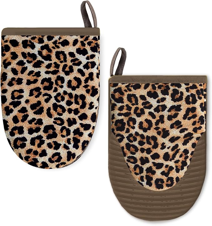 Ribbed Mini Oven Mitts 2-Pack Set, 5.5"x8.5", Leopard Printed, Heavy Duty Cotton, Non-Slip Heat Resistant Soft Silicone Oven Mitts with Hanging Loop for Cooking Kitchen Decor