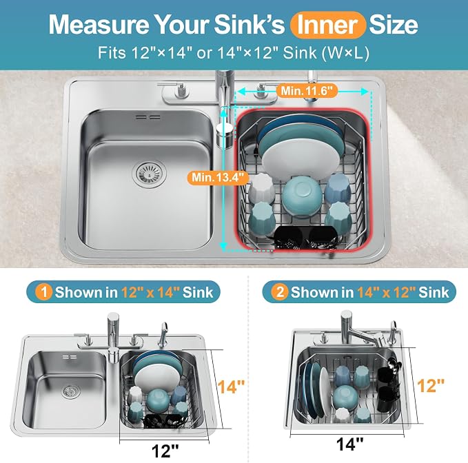 Small in Sink Dish Drying Rack - Stainless Steel for RV Kitchen | Compact Design for Apartments, Angled Corners Fit Square & Round Sinks, Utensil Holder, Cup Hooks, 1-2 Person, 11.6" x 13.4"