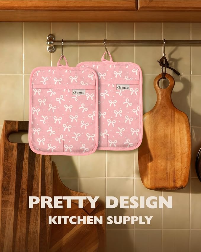 100% Cotton Pot Holders Textured Soft Silicone Grip Pink Bow | Stylish Pot Holders 2pcs, Machine Washable Non-Slip Heat Resistant Hot Pads & Oven Mitts 2-in-1, Practical Kitchen Decor