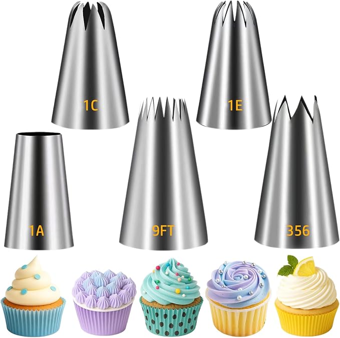 Suuker Large Piping Tips Set, 5 Cake Decorating Tips, 1A 1E 1C 9FT 356 | 5 Large Icing Tips In Round, Open Star, Closed Star, French Star and Drop Flower Shapes for Cakes, Cupcakes and Cookies