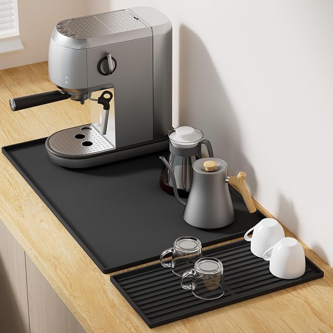 Golener Silicone Coffee Mat Set - 24" x 16" Coffee Bar Mat for Countertop, Kitchen Station Pad Accessories Fit Under Coffee Maker or Machine, Dish Drying Mat, Heat Resistant Kitchen Gadget, Black | Coffee Mat for Countertop, Waterproof Coffee Station M...
