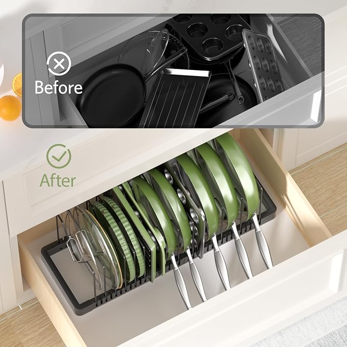Pots and Pans Organizer under Cabinet, Expandable Pot Lid Organizer Holder with 14 Adjustable Compartment, Pan Organizers inside Cabinet for Lids, Bakeware, Kitchen Storage Pot Rack, Black