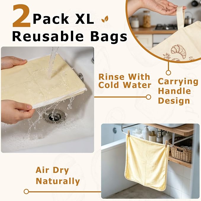 2 Pack Reusable Cotton Sourdough Beeswax Bread Bags with Wide Zipper, Beige | XL(13.3x16.9in) Portable Bread Storage with Handle, Washable, Keep Fresh, Fit Homemade Sourdough Bread, Ideal for Gift-Giving