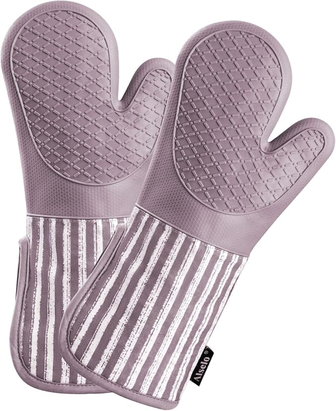 Alselo Silicone Oven Mitts Heat Resistant 932℉ with Waterproof & Non-Slip | Kitchen Mittens Set of 2,Extra Long 7.5"x15" Gloves with Soft Cotton Terry Lining for Baking Cooking BBQ(Purple,2)