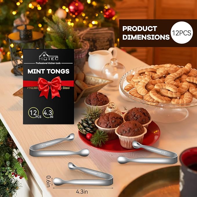 HOTEC 12Pcs Mini Silver Tongs for Serving, 4.3" Small tongs Stainless Steel Sugar Tongs for Coffee Bar, Tea Party, Appetizers, Desserts, Buffet and Ice Bucket Food-Grade & Dishwasher Safe