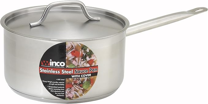 Winco 3 1/2 qt Heavy-Duty Stainless Steel Sauce Pan with Cover, 3.5 qt | Even heat distribution, Secure riveted handle, Great for Cooking, Food Preparation and Restaurant Kitchens