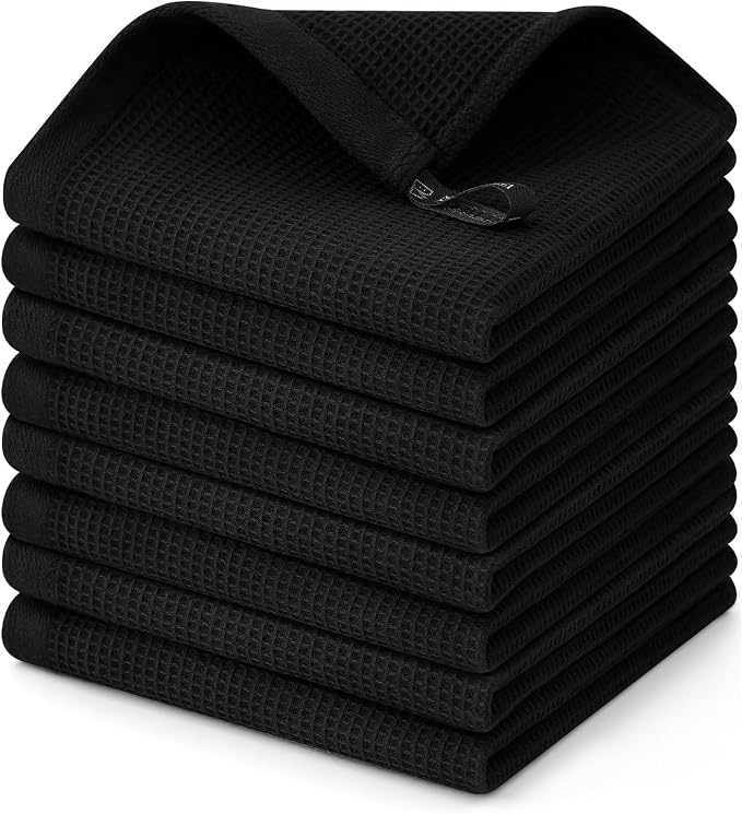 Homaxy 100% Cotton Waffle Weave Dish Cloths, 8 Pack, Black | Soft and Absorbent Dish Towels, 12 x 12 Inches Quick Dry Dish Rags