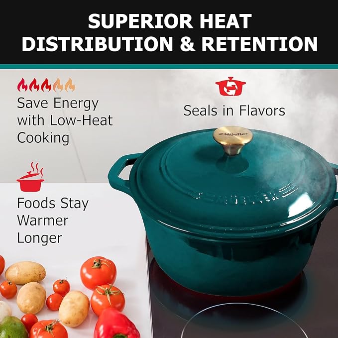MUELLER HOME 4.5 QT Enameled Cast Iron Dutch Oven, Heavy-Duty Casserole Dish and Braiser Pan with Lid, Oven-Safe up to 500° F & Across All Cooktops, Housewarming Gifts New Home, Emerald | Casserole Dish and Braiser Pan with Lid, Oven-Safe up to 500° F,...