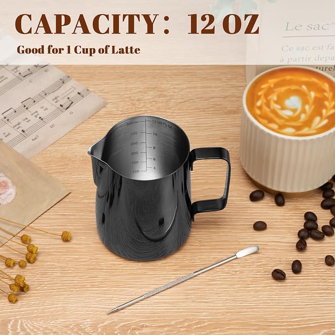 Amrules Milk Frothing Pitcher 12oz Frother Cup Barista Tools, Bright Black | 18/8 Stainless Steel, 12oz Capacity with Clear Scale, with Decorating Pen, Ergonomic Handle, for Cappuccino, Latte & Espresso