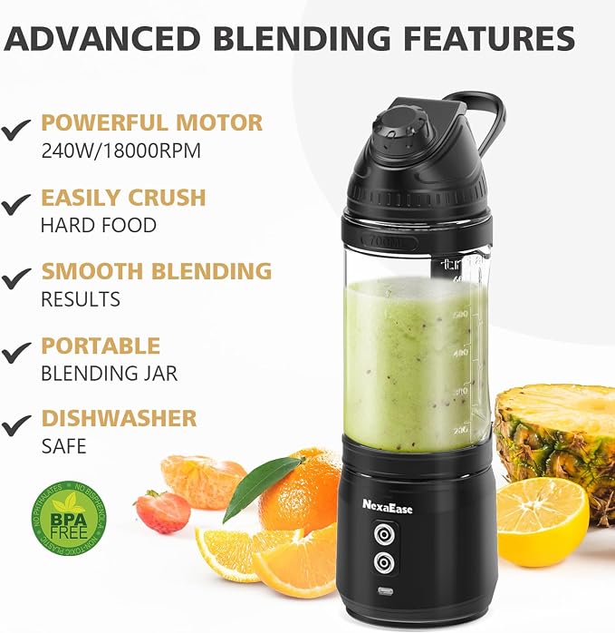 Portable Blender Personal Juicer for Shakes Smoothies with Travel Lid | 24 Oz Electric Protein Shaker Bottle, USB-C Rechargeable, Mini Small Cordless Blender Cup for Kitchen Travel Gym