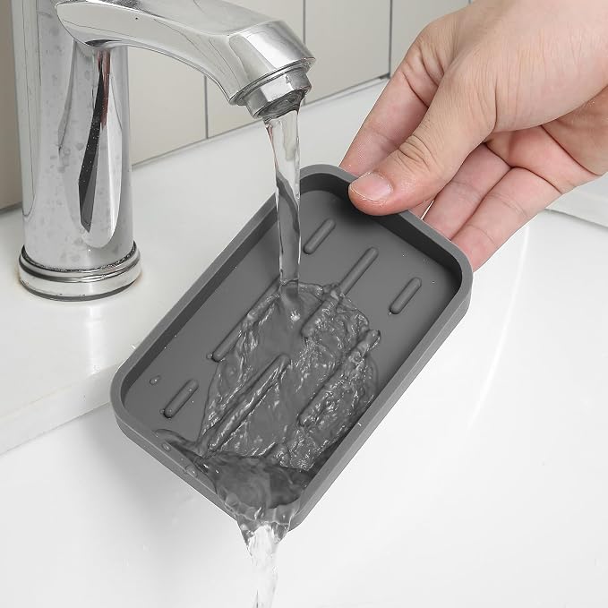 MicoYang Silicone Kitchen Sink Organizer Tray for Multiple Usage,Easy Clean Sponges Holder for Kitchen Bathroom Counter or Sink,Dish Soap Dispenser,Scrubber,Bottle,Cup Grey 4.9”x 3.2”
