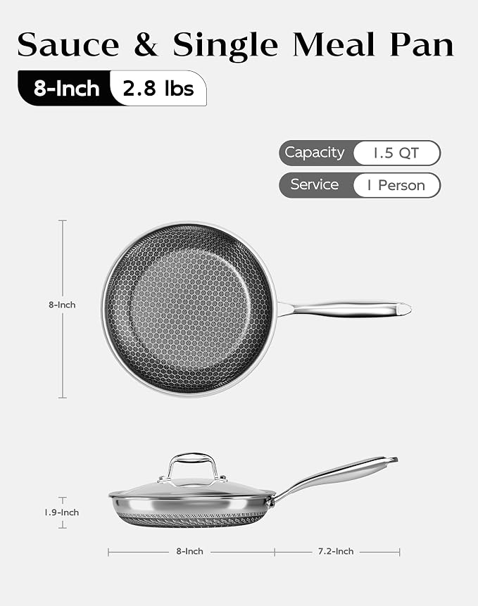 Nonstick Frying Pan with Lid 8-Inch, Durable Stainless Steel Skillet, Induction Cooktop Compatible, PFOA-Free Scratch-Proof, Dishwasher & Oven Safe, Stay-Cool Handle, Silver Kitchen Cookware