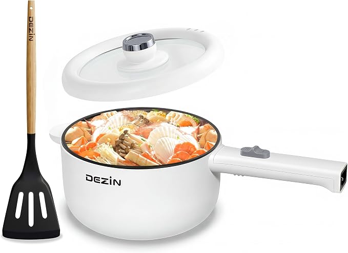 Dezin 2L Hot Pot Electric, Non-Stick Electric Pan, 700W Adjustable Power | Electric Pot for Cooking/Steak/Egg/Fried Rice/Ramen/Soup, Portable Pot for Dorm/RV/Family/Travel/Camping, Include Spatula