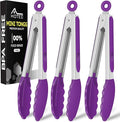 Hotec Mini Silicone Kitchen Tongs for Cooking - 7-Inch Small Serving Tongs with Silicone Tips, Set of 3 (Purple)