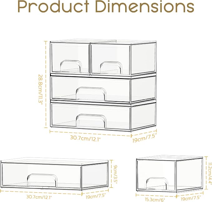 Stackable Storage Drawers, 4 Pack Clear Plastic Makeup & Bathroom Organizer, Versatile Storage Bins for Vanity, Under Sink, Kitchen Cabinets & Pantry