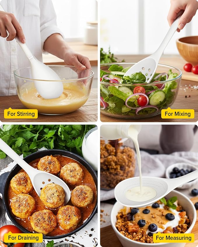 Pack of 2 Silicone Cooking Spoons, Non Stick Solid Kitchen Spoon with Measuring Marks & Back Hooks, Heat Resistant Silicone Slotted Spoon for Cooking, Mixing, Stirring,Serving (WHITE)